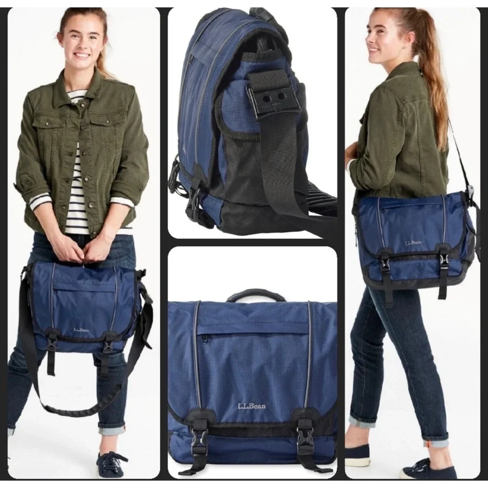 LL Bean Messenger Bag Navy Blue Ripstop Nylon Padded Strap Crossbody Laptop Bag